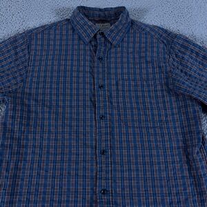 LL Bean Shirt Mens Small Blue Plaid Seersucker Short Sleeve Button Up Hiking